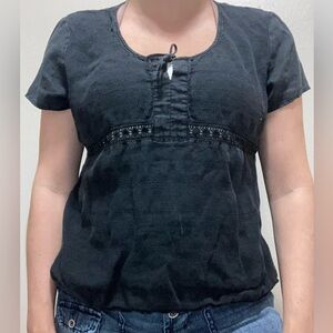 J. Jill 100% Linen Cottagecore Witchy Blouse with Lace Detail Size Large Black